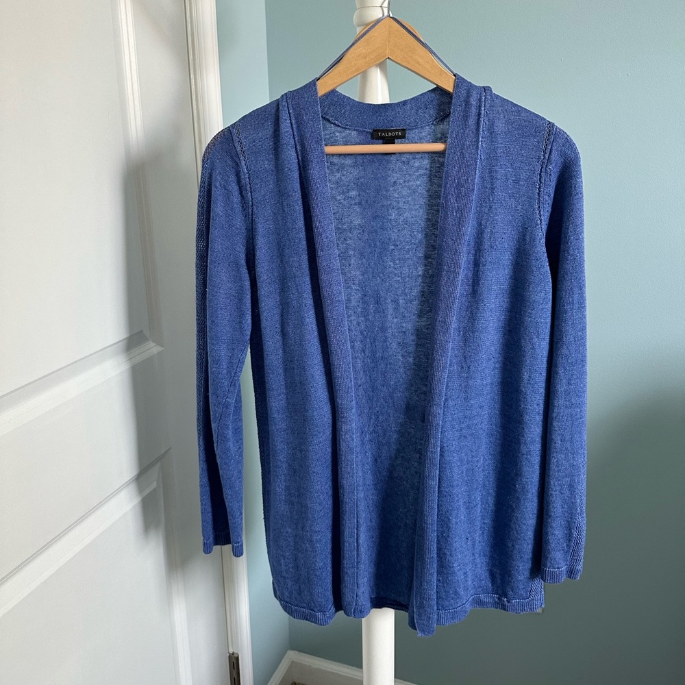 Talbots violet colored cardigan sweater looks great with jeans and a dress.
